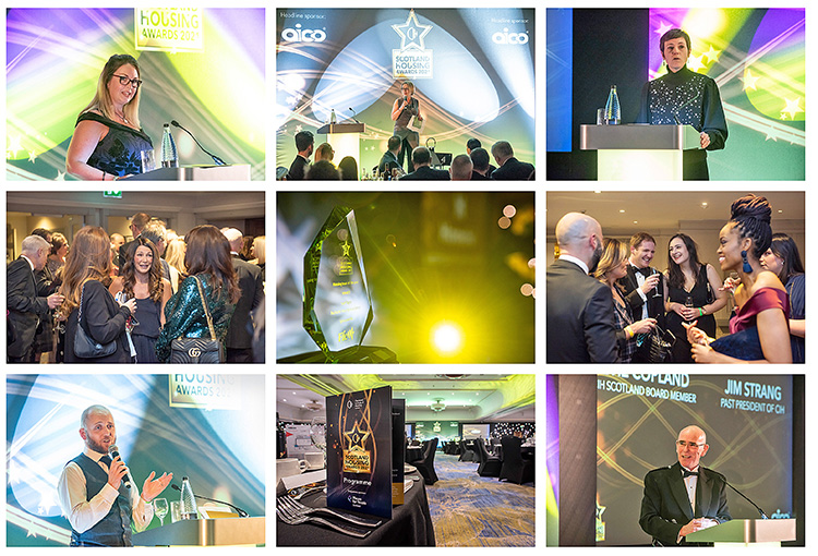 Chartered Institute of Housing Awards Scotland 2021 montage of photographs. Radisson Blu Hotel Glasgow events.