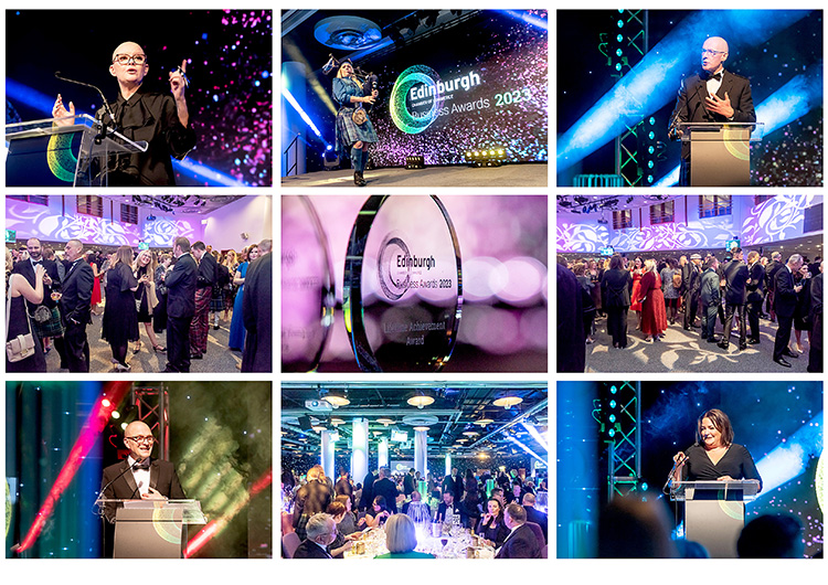 Edinburgh Chamber of Commerce Business Awards Event 2023 photography montage with John Swinney MSP and Gail Porter