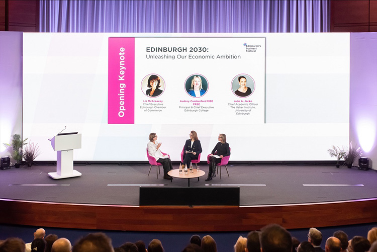 Liz McAreavey with Julie A Jacko and Audrey Cumberford MBE at the Edinburgh Business Festival 2026 Photography, Edinburgh Business Festival 2026 Photography at Royal Bank of Scotland Conference Centre, Edinburgh