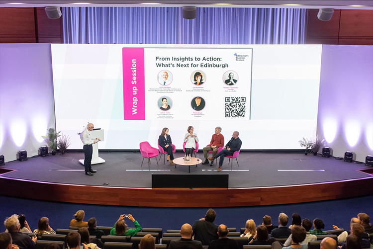Julie A Jacko, Liz McAreavey, Kristian Tapaninaho, Ooni Founder, Martin Boyle from Codebase, Edinburgh Business Festival 2026 Photography at Royal Bank of Scotland Conference Centre